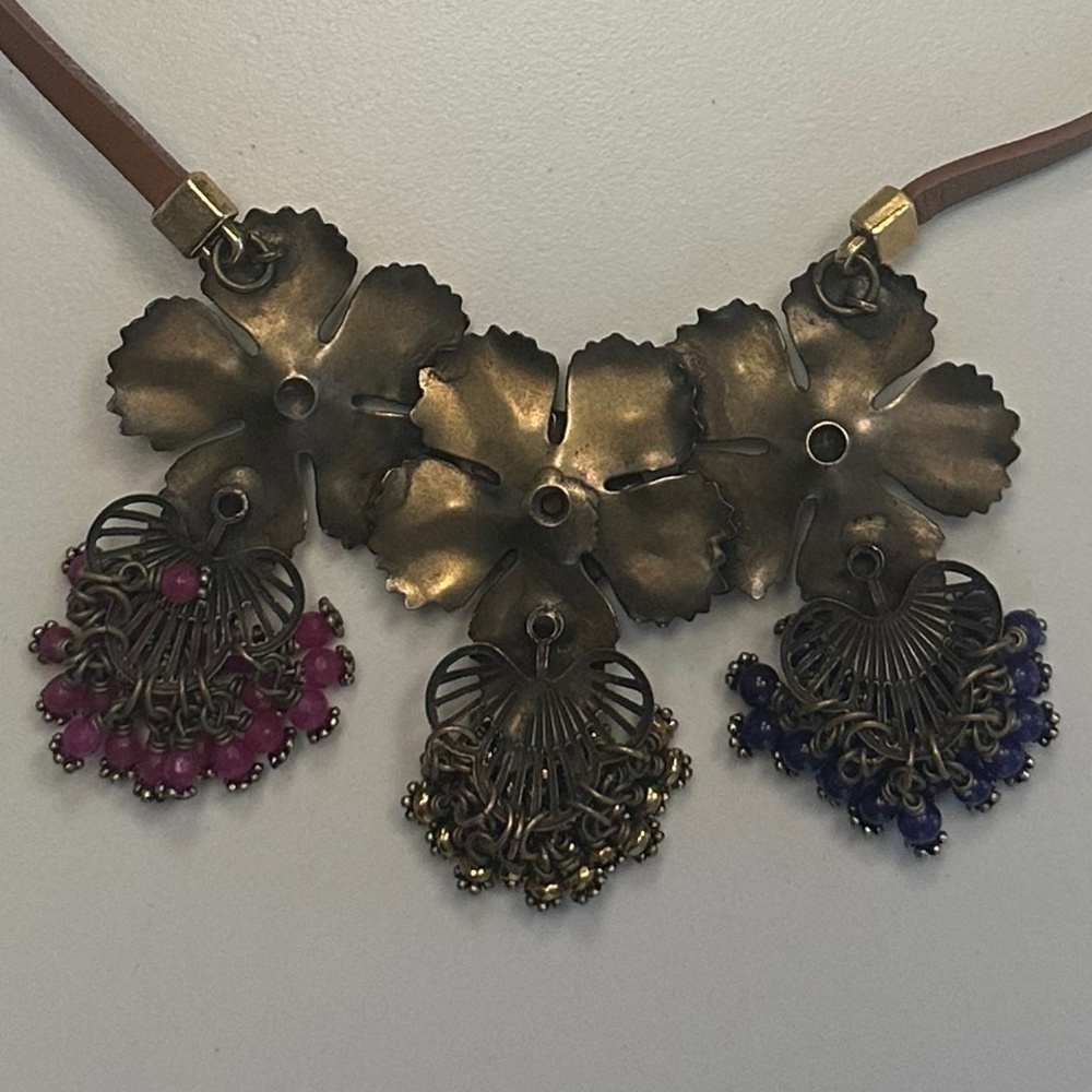 TOVA - Vibrant Boho Floral Enamel Brass Necklace on Brown Leather Cord - 18 in. - Picture 11 of 14